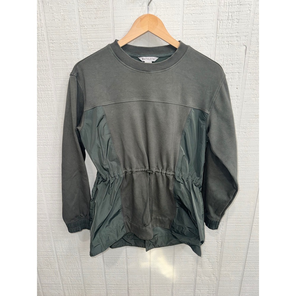 Athleta Mixed Media Sweatshirt Women Green Bungee Waist Pullover Small